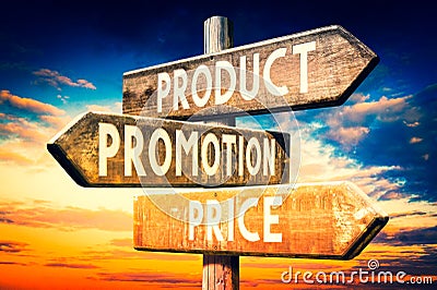 Product, promotion, price - wooden signpost, roadsign with three arrows Stock Photo