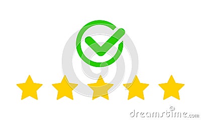 Product ratings, five stars with check mark or golden star, quality rating, feedback, premium icon set flat logo in yellow on Vector Illustration