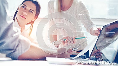 Product researching. Marketing team at work. Loft office. Laptop and paperwork. Statistic graph overlay, icon innovation interface Stock Photo