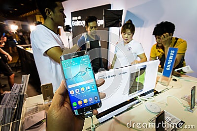 The Product of Samsung Galaxy S6 S6 Edge Note 5 A8 J7 and Gear in Thailand Mobile Expo 2015 Showcase Editorial Stock Photo