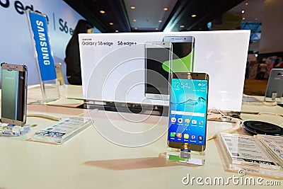 The Product of Samsung Galaxy S6 S6 Edge Note 5 A8 J7 and Gear in Thailand Mobile Expo 2015 Showcase Editorial Stock Photo