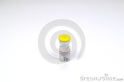 Mlada Boleslav, Czech Republic - Aug 10, 2019 : Product shoot of medical equipment - Dry powder medicament vial for water dilution Editorial Stock Photo