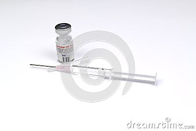 Mlada Boleslav, Czech Republic - Aug 10, 2019 : Product shoot of medical equipment - Dry powder medicament vial for water dilution Editorial Stock Photo