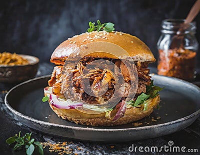 BBQ pulled pork burger on a plate and dark grey background Stock Photo