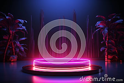 Product spotlight Cylinder podium featuring eye catching neon lighting dynamics Stock Photo