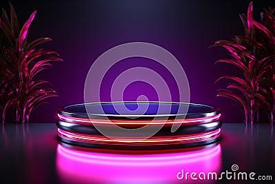 Product spotlight Cylinder podium featuring eye catching neon lighting dynamics Stock Photo