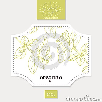Product sticker with hand drawn oregano leaves Vector Illustration