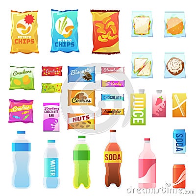 Product for vending. Tasty snacks sandwich biscuit candy chocolate drinks juice beverages pack retail, set flat vector Vector Illustration