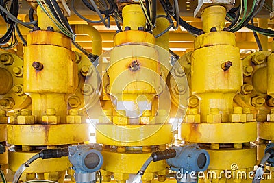 Production choke valve with ice on piping due to high pressure drop inside pipe and high percent of carbon dioxide in natural gas Stock Photo