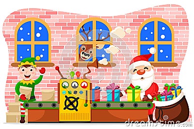 Production of Christmas toys. Santa Claus puts gifts in a bag, the elf delivers blanks and the deer looks in window. Vector Illustration