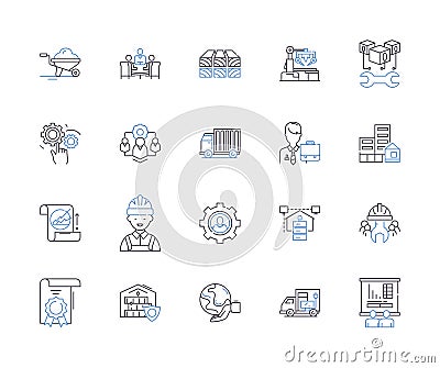 Production enterprise outline icons collection. Enterprise, Production, Manufacturing, Company, Factory, Organization Vector Illustration