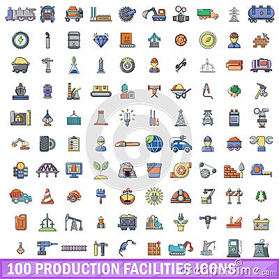 100 production facilities icons set, cartoon style Vector Illustration