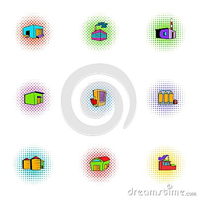 Production icons set, pop-art style Vector Illustration