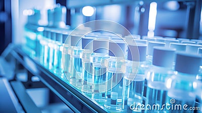 Production line of beauty and healthcare products, pharmaceuticals, and cosmetics. Bottles on a conveyer belt. Generative AI Stock Photo