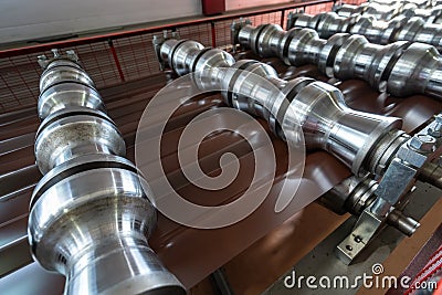 Production line of metal tile for roof. Steel forming machine in metalwork factory workshop. Metal sheet profiling Stock Photo
