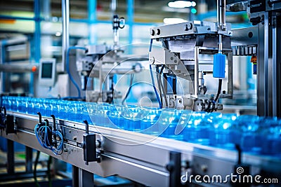 Factory manufacture mineral industrial production plant plastic technology water bottles drink filling line Stock Photo