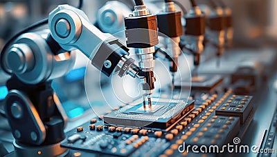 Production line showing Robotic system in semiconductors and computer manufacturing, building Ai microchips and circuit boards, Stock Photo