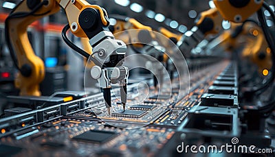Production line showing Robotic system in semiconductors and computer manufacturing, building Ai microchips and circuit boards, Stock Photo