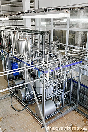 Production of milk and yogurt at the plant. Stock Photo