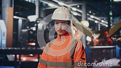 Production operator standing facility manufactory. Portrait of woman engineer Stock Photo