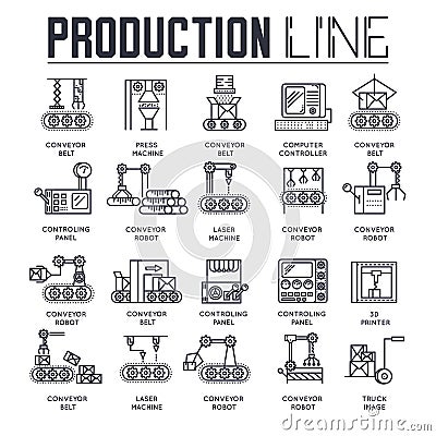 Production outline icons collection set. Industry linear symbol pack. Modern template of thin line icons, logo, symbols Vector Illustration