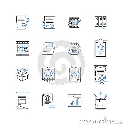 Production paperwork line icons collection. Documentation, Records, Forms, Checklist, Paper trail, Procedures, Flowchart Vector Illustration