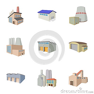 Production plant icons set, cartoon style Vector Illustration