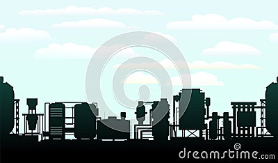 Production plant. Light sky. Silhouette of objects. Industrial technical equipment. Factory chemical. Seamless Vector Illustration