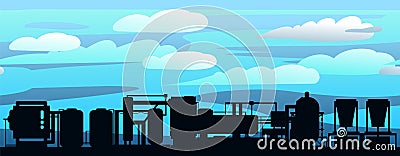 Production plant. Wind clouds. Silhouette of objects. Industrial technical equipment. Factory chemical. Seamless Vector Illustration