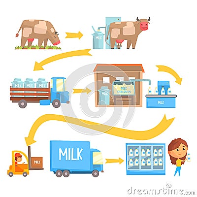 Production and processing milk stages set of vector Illustrations Vector Illustration