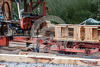 Production of school desks in the woodworking shop Stock Photo