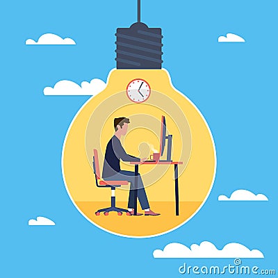 Productive. Creative process, happy sad man sitting at computer in light bulb, successful idea development, imagination Vector Illustration