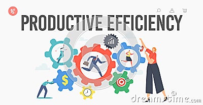 Productive Efficiency Landing Page Template. Teamwork Productivity, Characters Moving Huge Gear Cogwheel Mechanism Vector Illustration