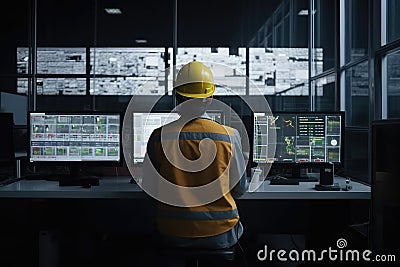 Productive Engineering Setting: Back View of Engineer in Safety Helmet and Uniforms, Engaged with Screens in Büro Stock Photo