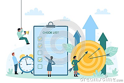Productive management, organization for business achievement, tiny people work with list Vector Illustration