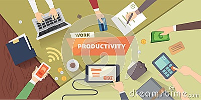 Productive office workplace. Productivity business strategy flat illustration. Vector Illustration