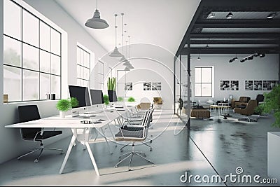 Productive Open Office Room with Modern Desks and Computers Stock Photo
