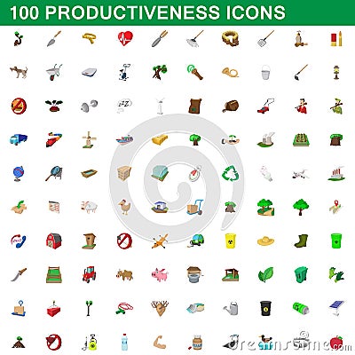 100 productiveness icons set, cartoon style Vector Illustration