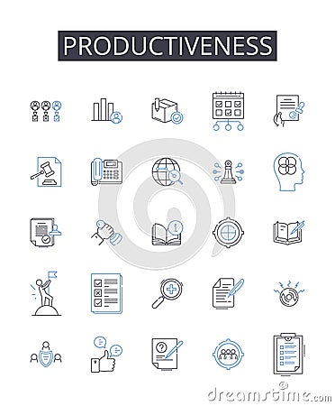 Productiveness line icons collection. Efficiency, Effectiveness, Productivity, Capability, Strength, Competence Vector Illustration