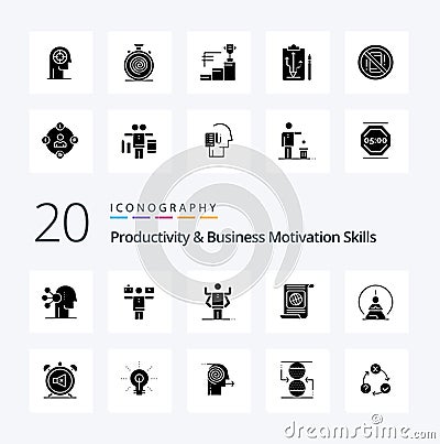 20 Productivity And Business Motivation Skills Solid Glyph icon Pack like trophy cup prize human achievements nonstop Vector Illustration