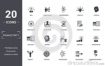 Productivity icons set collection. Includes simple elements such as Skill, Career Choice, Time Management, Creativity Stock Photo