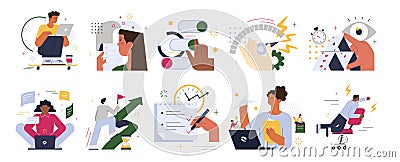 Productivity set. Employee job performance efficiency. Quality and timeliness Vector Illustration