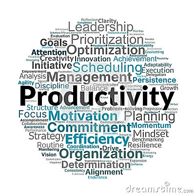 Productivity Word Cloud. Essential topics for achieving efficiency and maximizing output Stock Photo