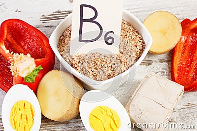 Products containing vitamin B6 and dietary fiber, healthy nutrition concept Stock Photo