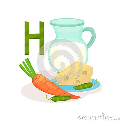 Products containing vitamin H biotin . Green peas, carrot, fresh cheese and jug of milk. Flat vector for poster about Vector Illustration