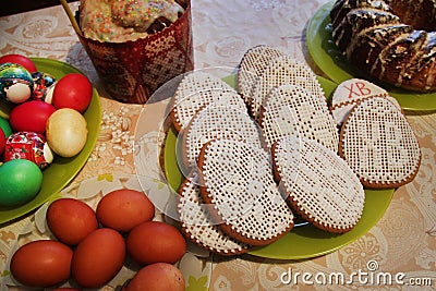 Russian Easter cake, eggs and cookies standing on the table Stock Photo