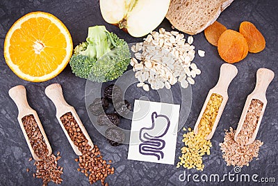 Products and ingredients as source dietary fiber. Best nutritious food for problems with digestive system Stock Photo