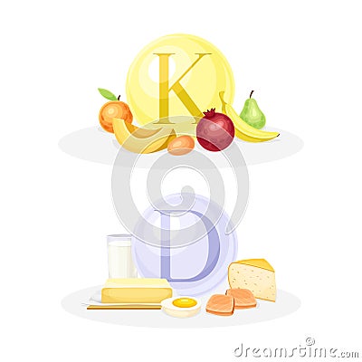 Products ontaining Vitamin K and D with Fruit and Dairy Food Vector Composition Set Vector Illustration