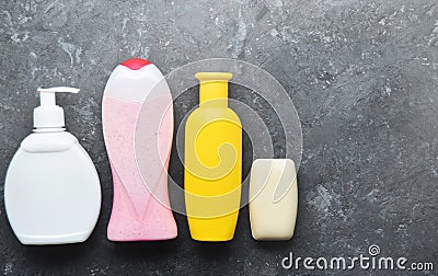 Products for showering on a black concrete surface. Stock Photo