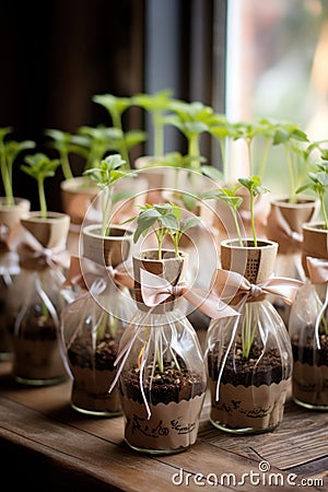 products and souvenirs from seed starter kits, with ribbon and label Stock Photo